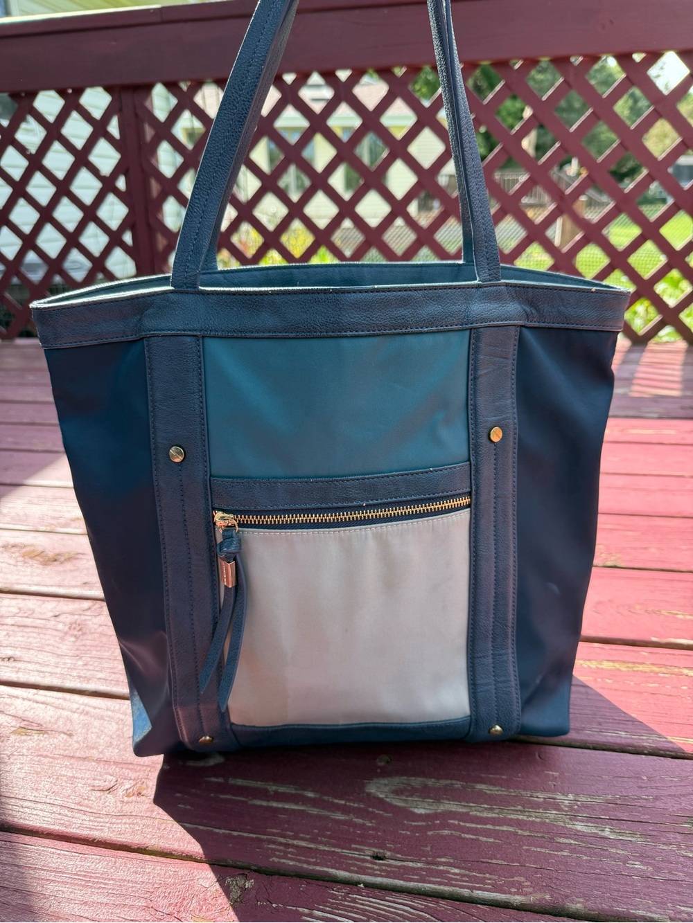 Big Buddha Navy and Light Gray Tote with Front Zip Pocket